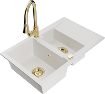 Mexen Gaspar 1.5-bowl granite sink with drainer and Elia kitchen tap, white - 6507-20-670101-50