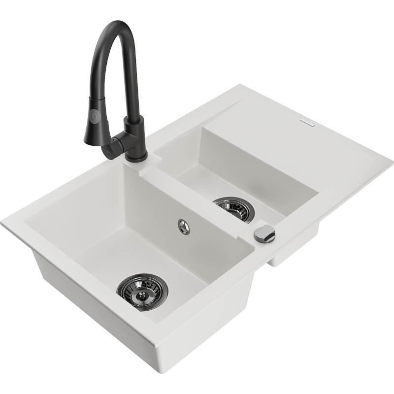 Mexen Gaspar lava-louça de granito de 1,5 cubas com escorredor e torneira de cozinha Elia, branco - 6507-20-670101-70