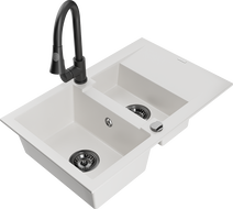 Mexen Gaspar granite sink 1.5-bowl with drainer and Elia kitchen faucet, white - 6507-20-670101-70