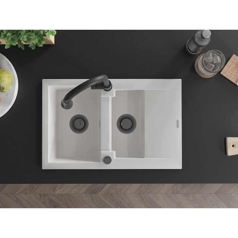 Mexen Gaspar Graniittinen 1,5-altaiden keittiön pesuallas valutustasolla ja keittiöhanalla Elia, valkoinen - 6507-20-670101-70