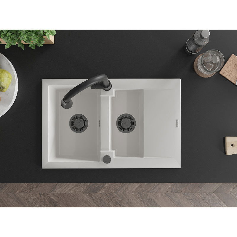 Mexen Gaspar granite sink 1.5-bowl with drainer and Elia kitchen tap, white - 6507-20-670101-70