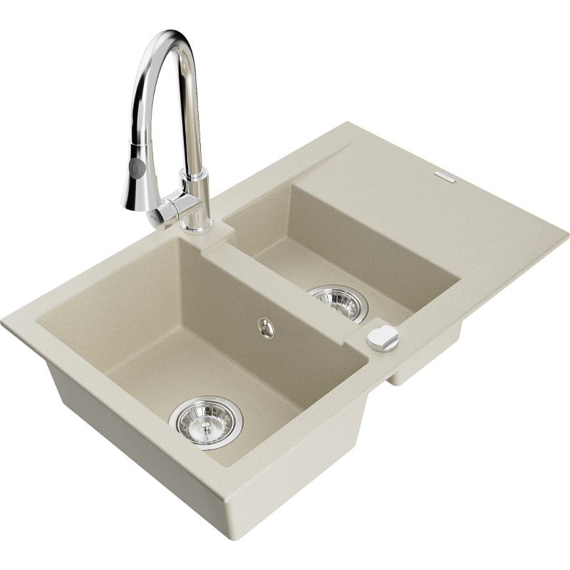 Mexen Gaspar Granitspüle 1,5-Schüssell mit Abtropffläche und Küchenarmatur Elia, beige - 6507-69-670101-00