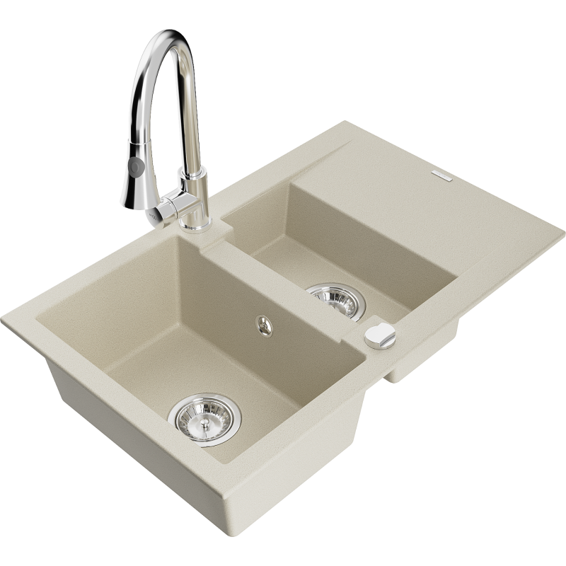 Mexen Gaspar lavello in granito 1,5 vasche con sgocciolatoio e miscelatore da cucina Elia, beige - 6507-69-670101-00