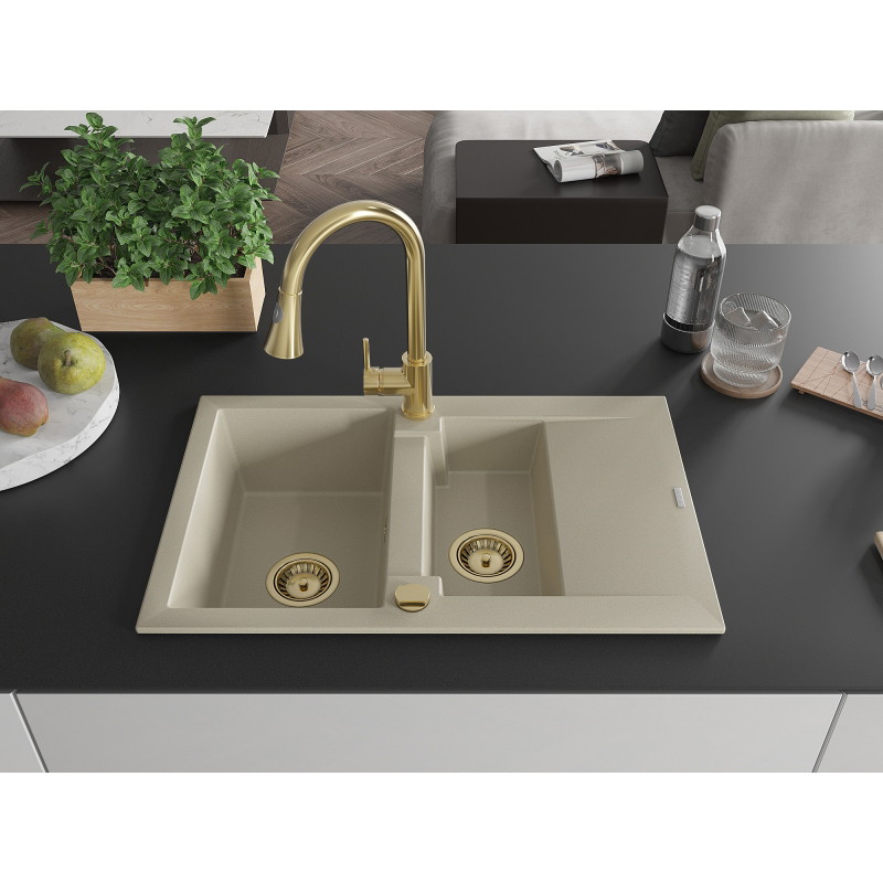 Mexen Gaspar Granitspüle 1,5 Becken mit Abtropffläche und Küchenarmatur Elia, beige - 6507-69-670101-50