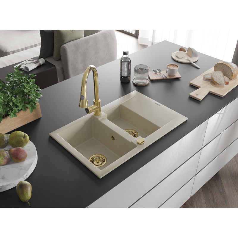 Mexen Gaspar 1.5-bowl granite sink with drainer and Elia kitchen tap, beige - 6507-69-670101-50
