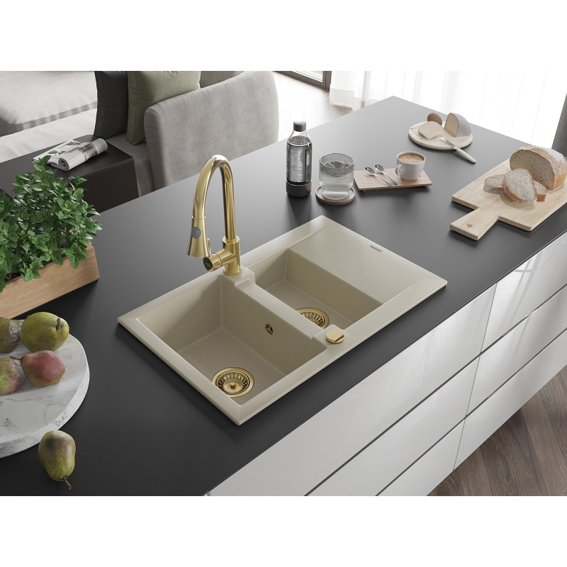 Mexen Gaspar Granitspüle 1,5 Becken mit Abtropffläche und Küchenarmatur Elia, beige - 6507-69-670101-50