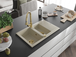 Mexen Gaspar 1.5-bowl granite sink with drainer and Elia kitchen tap, beige - 6507-69-670101-50