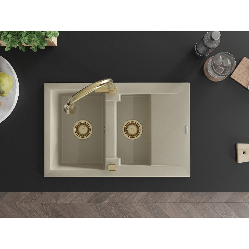 Mexen Gaspar Granitspüle 1,5 Becken mit Abtropffläche und Küchenarmatur Elia, beige - 6507-69-670101-50
