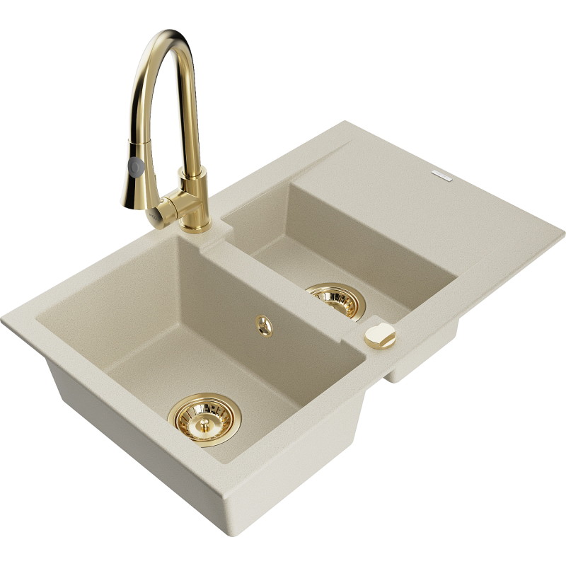 Mexen Gaspar Granitspüle 1,5 Becken mit Abtropffläche und Küchenarmatur Elia, beige - 6507-69-670101-50