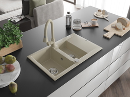 Mexen Gaspar Granitspüle 1,5 Kammern mit Abtropffläche und Küchenarmatur Elia, beige - 6507-69-670101-69