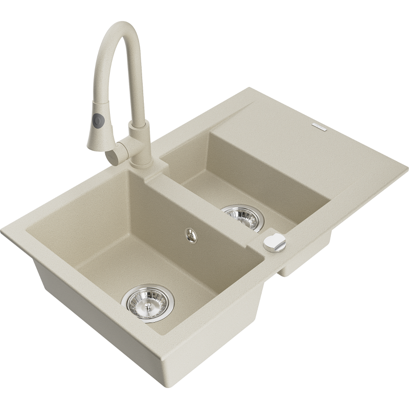 Mexen Gaspar fregadero de granito de 1,5 senos con escurridor y grifo de cocina Elia, beige - 6507-69-670101-69