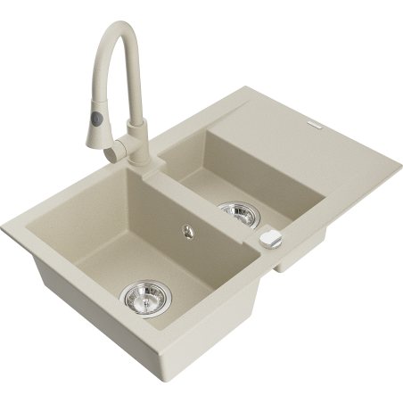 Mexen Gaspar lavello in granito 1,5 vasca con sgocciolatoio e miscelatore da cucina Elia, beige - 6507-69-670101-69