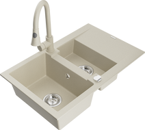 Mexen Gaspar granite sink 1.5-bowl with drainer and Elia kitchen tap, beige - 6507-69-670101-69