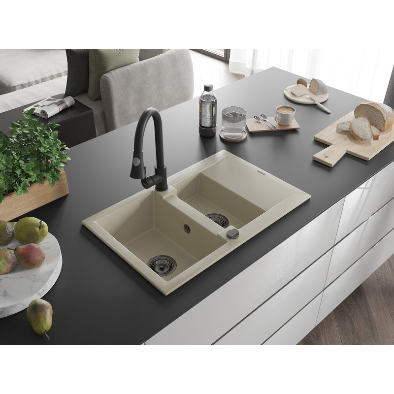 Mexen Gaspar Granitspüle 1,5-Schalen mit Abtropffläche und Küchenarmatur Elia, beige - 6507-69-670101-70
