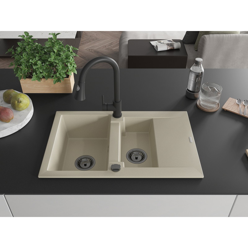 Mexen Gaspar Granitspüle 1,5-Schalen mit Abtropffläche und Küchenarmatur Elia, beige - 6507-69-670101-70