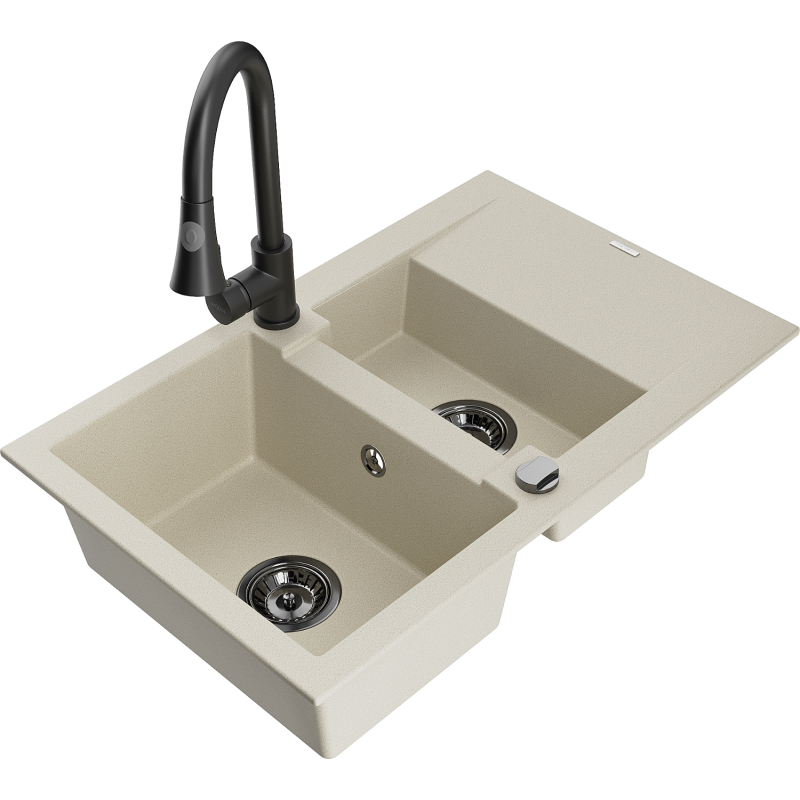 Mexen Gaspar granite sink with 1.5 bowls, drainer and Elia kitchen tap, beige - 6507-69-670101-70