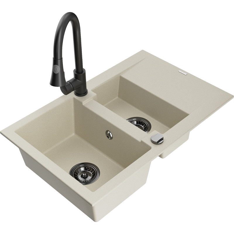Mexen Gaspar Granitspüle 1,5-beckig mit Abtropffläche und Küchenarmatur Elia, beige - 6507-69-670101-70