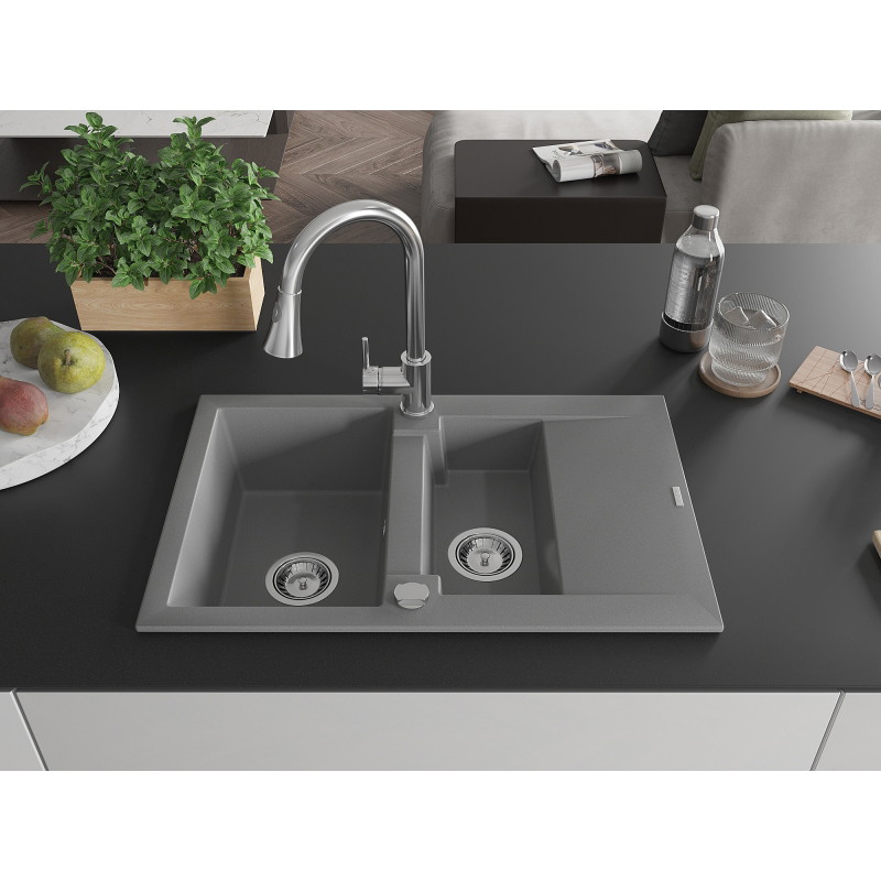Mexen Gaspar granit spoelbak 1,5-komorige met druiprek en keukenmengkraan Elia, grijs - 6507-71-670101-00