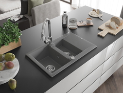 Mexen Gaspar 1.5-bowl granite sink with drainer and Elia kitchen tap, grey - 6507-71-670101-00