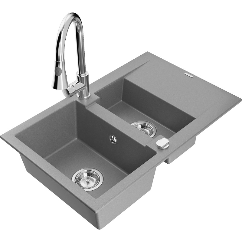 Mexen Gaspar Évier en granit 1,5 cuve avec égouttoir et robinet de cuisine Elia, gris - 6507-71-670101-00