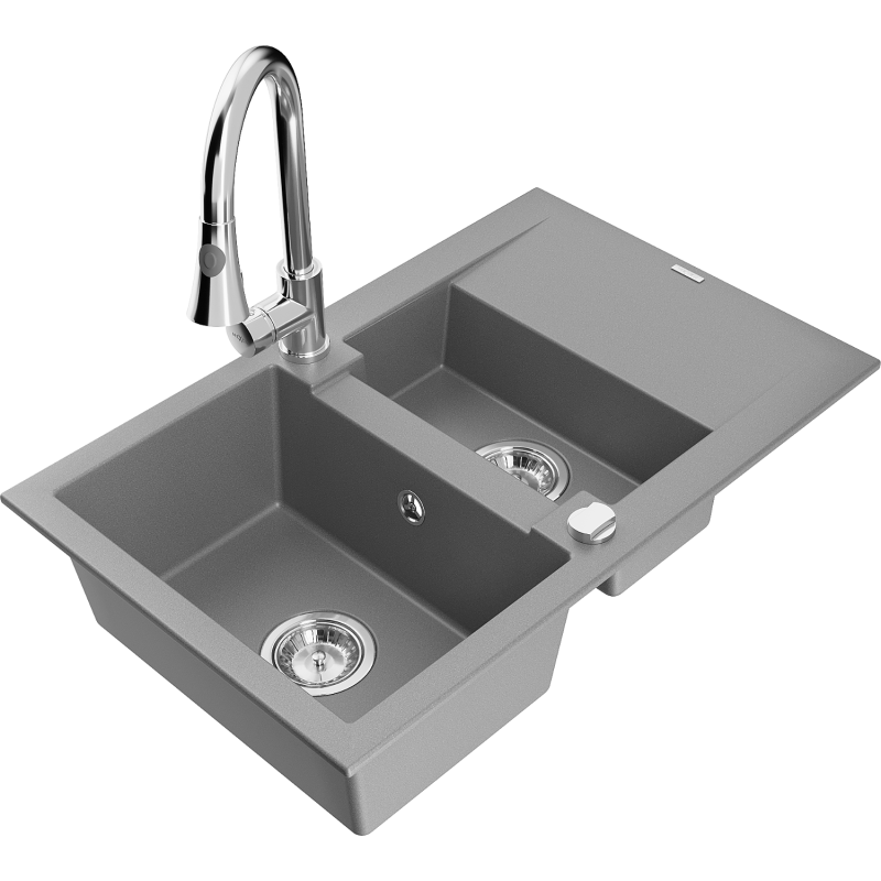 Mexen Gaspar fregadero de granito de 1,5 senos con escurridor y grifo de cocina Elia, gris - 6507-71-670101-00