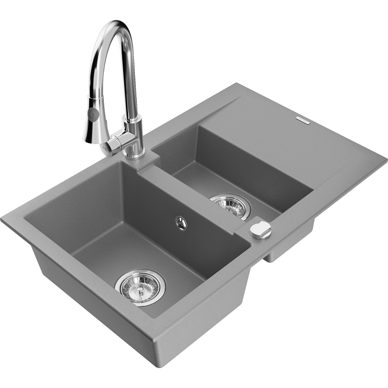 Mexen Gaspar Granitspüle 1,5-Becken mit Abtropffläche und Küchenarmatur Elia, grau - 6507-71-670101-00