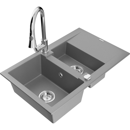 Mexen Gaspar fregadero de granito de 1,5 senos con escurridor y grifo de cocina Elia, gris - 6507-71-670101-00