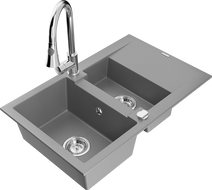 Mexen Gaspar 1.5-bowl granite sink with drainer and Elia kitchen tap, grey - 6507-71-670101-00