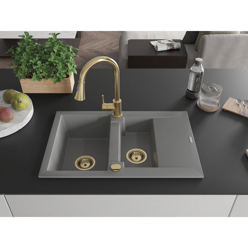 Mexen Gaspar granite sink 1.5 basin with drainer and Elia kitchen tap, grey - 6507-71-670101-50