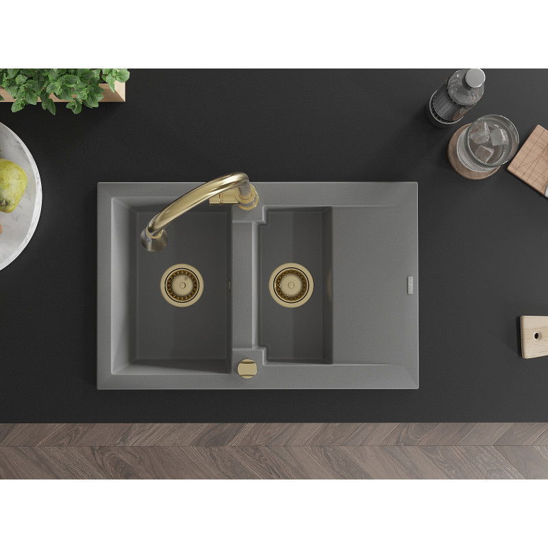 Mexen Gaspar granite sink 1.5 basin with drainer and Elia kitchen tap, grey - 6507-71-670101-50