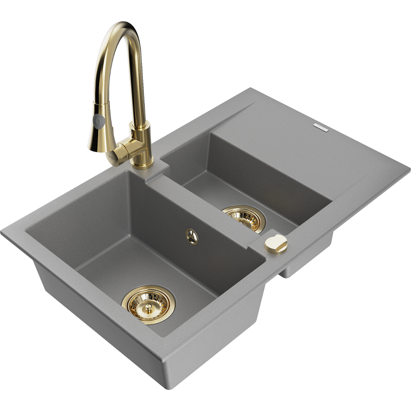 Mexen Gaspar fregadero de granito de 1,5 senos con escurridor y grifo de cocina Elia, gris - 6507-71-670101-50