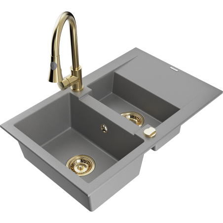 Mexen Gaspar fregadero de granito de 1,5 senos con escurridor y grifo de cocina Elia, gris - 6507-71-670101-50