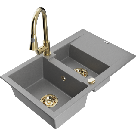 Mexen Gaspar granite sink 1.5-bowl with drainer and Elia kitchen faucet, gray - 6507-71-670101-50