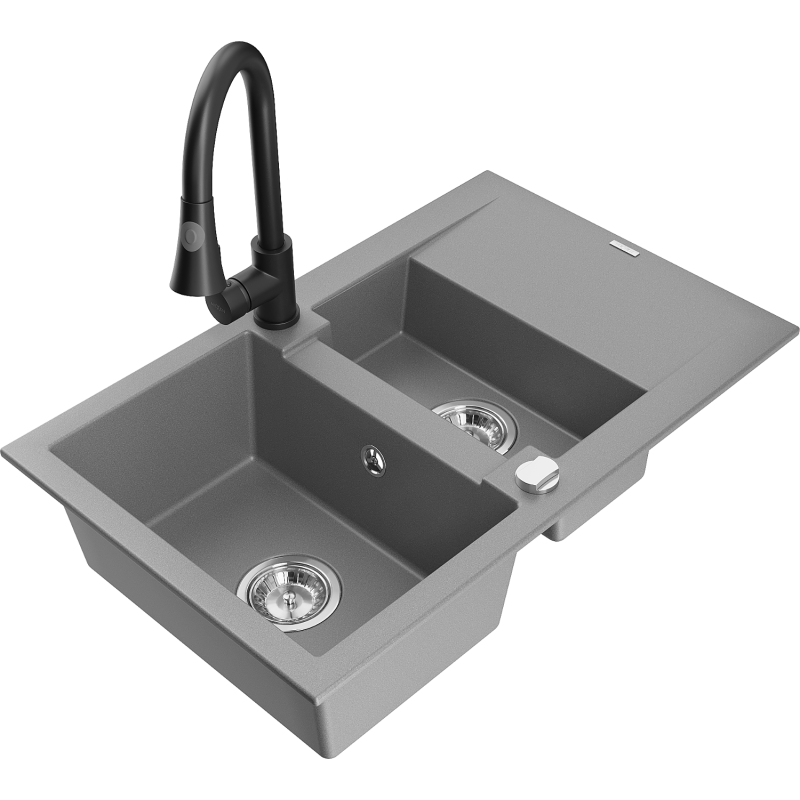 Mexen Gaspar fregadero de granito 1,5 senos con escurridor y grifo de cocina Elia, gris - 6507-71-670101-70