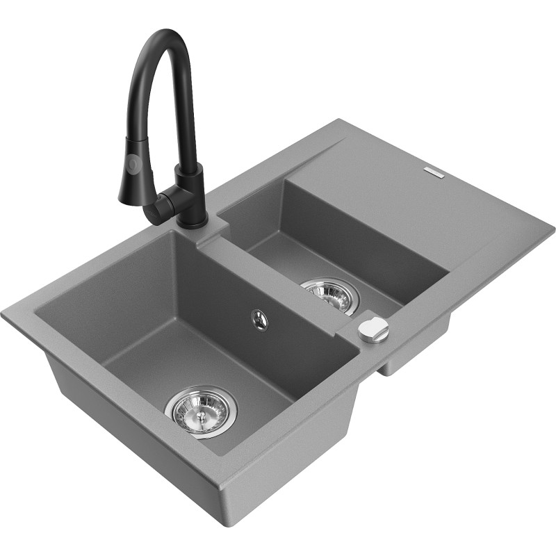 Mexen Gaspar granitische spoelbak 1,5-kamer met afdruiprek en keukenmengkraan Elia, grijs - 6507-71-670101-70
