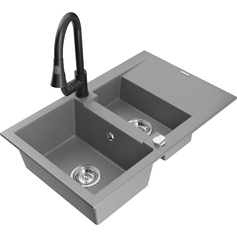 Mexen Gaspar Granitspüle 1,5-Becken mit Abtropffläche und Küchenarmatur Elia, grau - 6507-71-670101-70