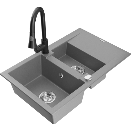 Mexen Gaspar 1.5-bowl granite sink with drainer and Elia kitchen faucet, gray - 6507-71-670101-70