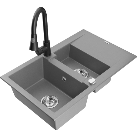 Mexen Gaspar Granitspüle 1,5-Becken mit Abtropffläche und Küchenarmatur Elia, grau - 6507-71-670101-70