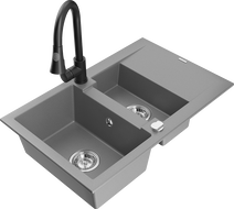 Mexen Gaspar 1.5-bowl granite sink with drainer and Elia kitchen faucet, gray - 6507-71-670101-70