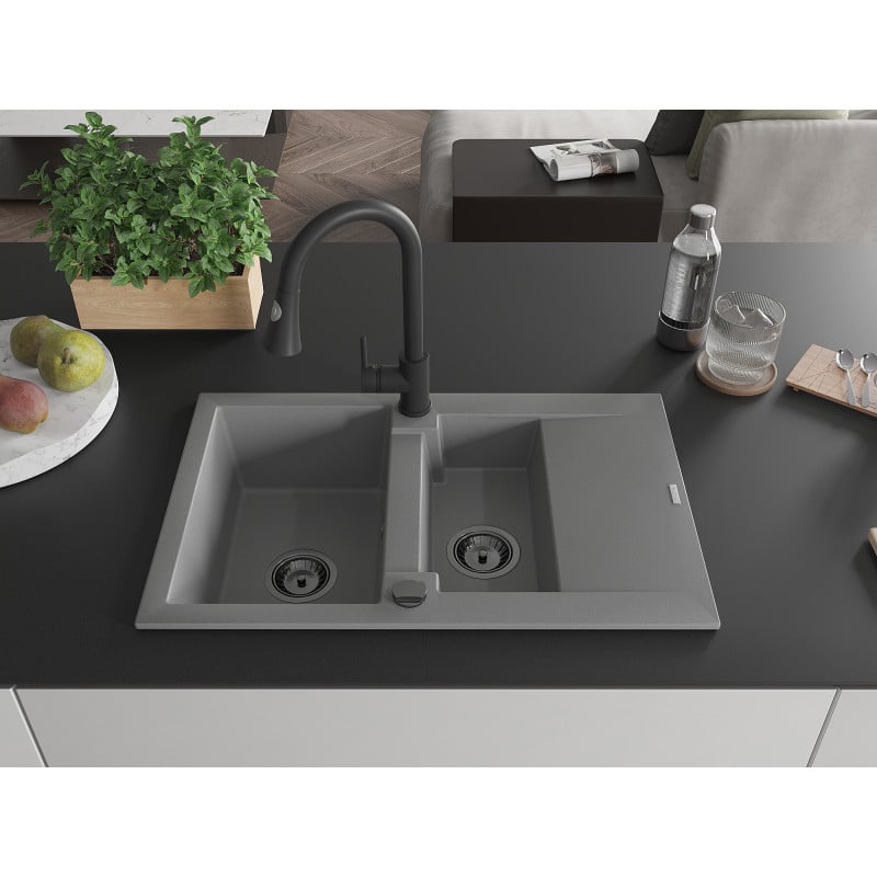 Mexen Gaspar fregadero de granito 1,5 senos con escurridor y grifo de cocina Elia, gris - 6507-71-670101-70-B