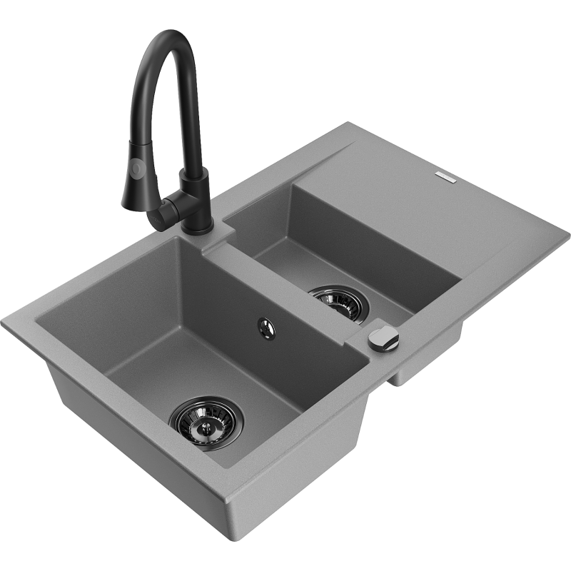 Mexen Gaspar fregadero de granito 1,5 senos con escurridor y grifo de cocina Elia, gris - 6507-71-670101-70-B