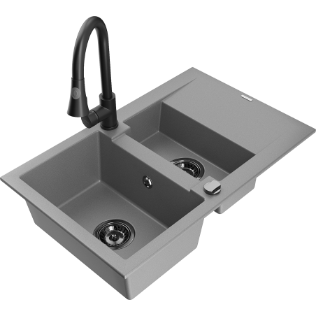 Mexen Gaspar fregadero de granito 1,5 senos con escurridor y grifo de cocina Elia, gris - 6507-71-670101-70-B