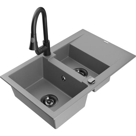 Mexen Gaspar Granitspüle 1,5-Becken mit Abtropffläche und Küchenarmatur Elia, grau - 6507-71-670101-70-B