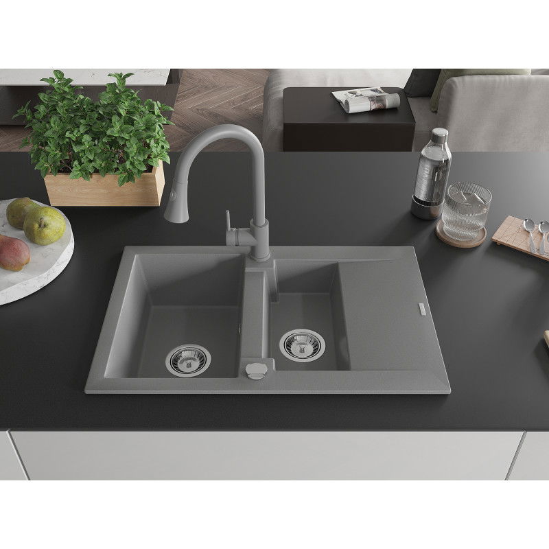 Mexen Gaspar lavello in granito da 1,5 vasche con sgocciolatoio e rubinetto da cucina Elia, grigio - 6507-71-670101-71