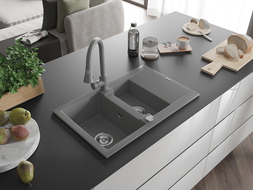 Mexen Gaspar granite sink 1.5-basin with drainer and Elia kitchen tap, grey - 6507-71-670101-71