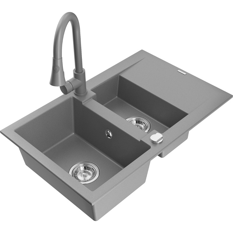 Mexen Gaspar fregadero de cocina de granito de 1,5 senos con escurridor y grifo de cocina Elia, gris - 6507-71-670101-71