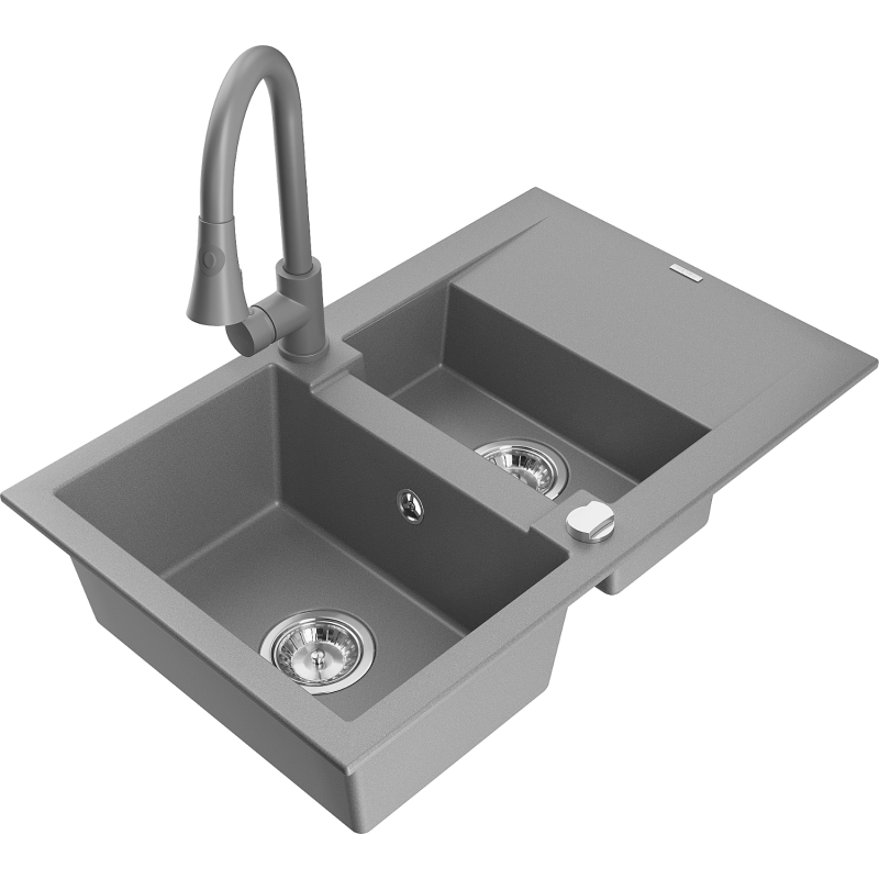 Mexen Gaspar granite sink 1.5-basin with drainer and Elia kitchen tap, grey - 6507-71-670101-71