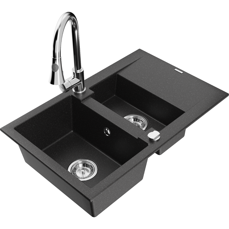 Mexen Gaspar fregadero de granito 1,5 senos con escurridor y grifo de cocina Elia, negro/metálico plateado - 6507-73-670101-00