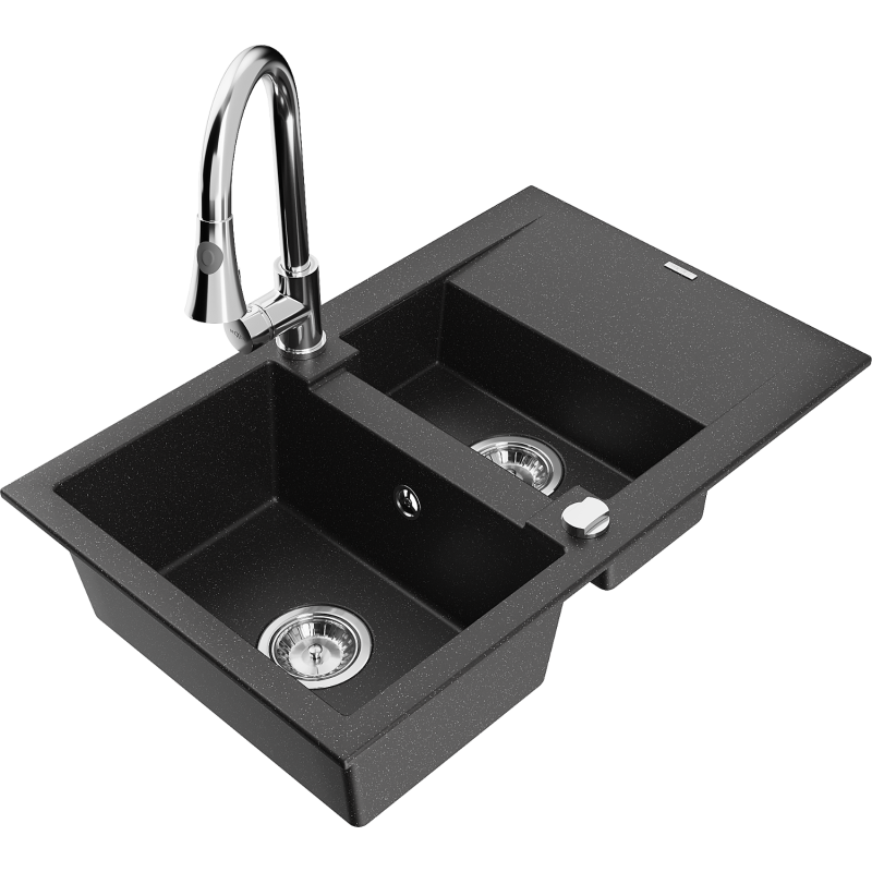 Mexen Gaspar lava-louça de granito com 1,5 bacias, escorredor e torneira de cozinha Elia, preto/metálico prateado