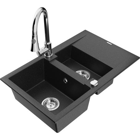 Mexen Gaspar fregadero de granito 1,5 senos con escurridor y grifo de cocina Elia, negro/metálico plateado - 6507-73-670101-00